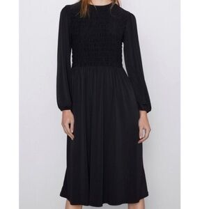 NWT ZARA smocked ruched top black midi dress size small